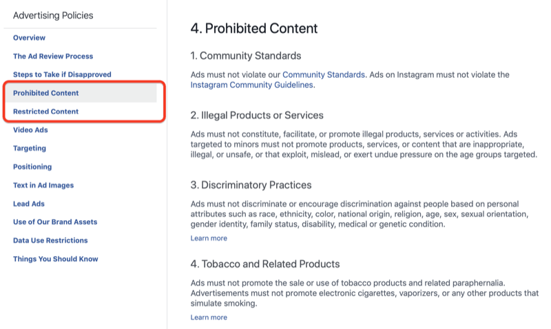 Prohibited Content section of Facebook Advertising Policies