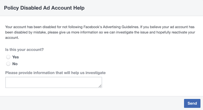 step 1 of how to fill out Facebook policy disabled ad account form