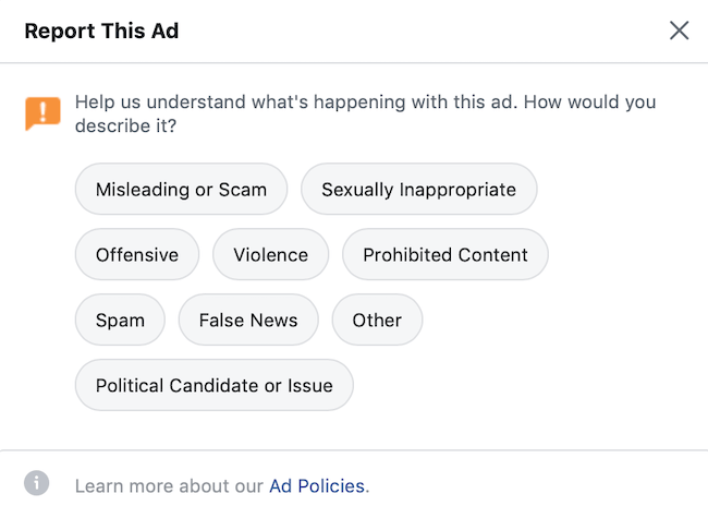 user options for Facebook ad feedback