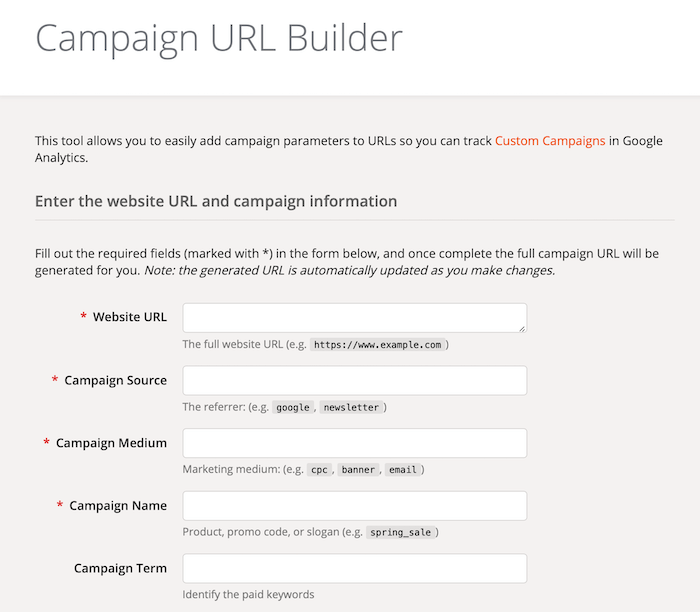 Google Analytics Campaign URL Builder form fields