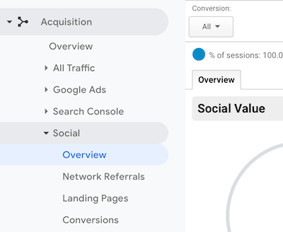 navigation menu in Google Analytics with Social > Overview selected