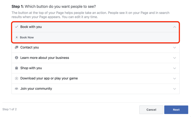 step 1 of how to add appointments CTA to Facebook page