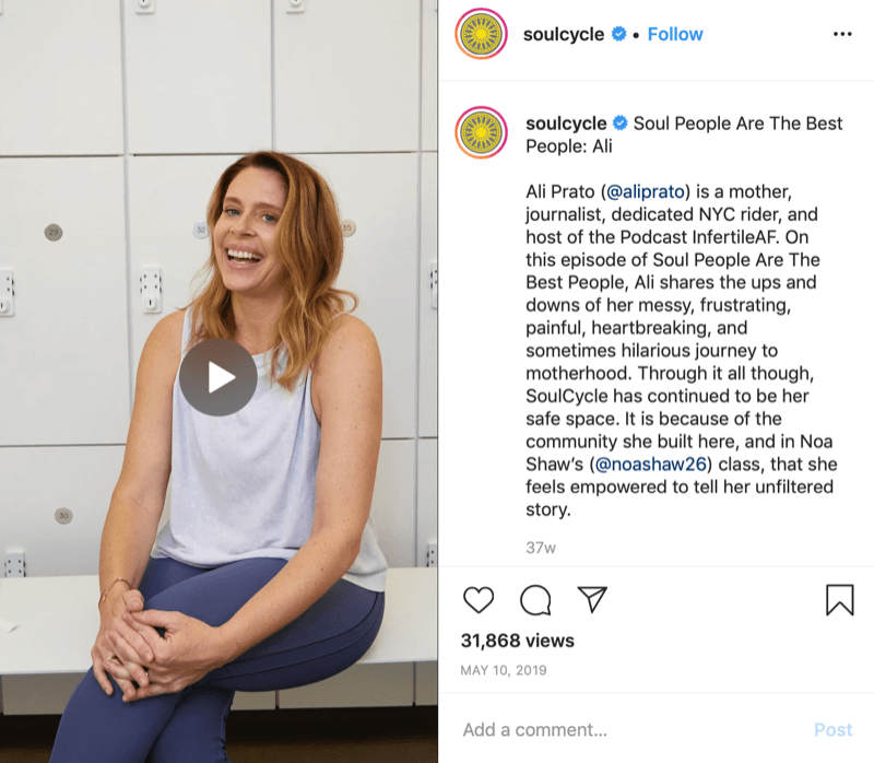 IGTV customer testimonial video from SoulCycle