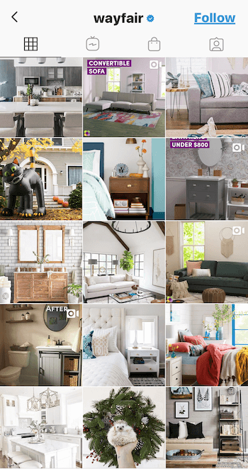 Instagram business profile for Wayfair