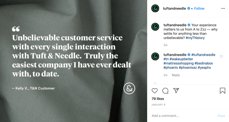 customer quote graphic from Tuft and Needle Instagram account