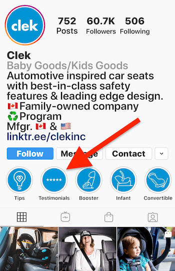 Instagram Stories highlights album for testimonials on Clek business profile