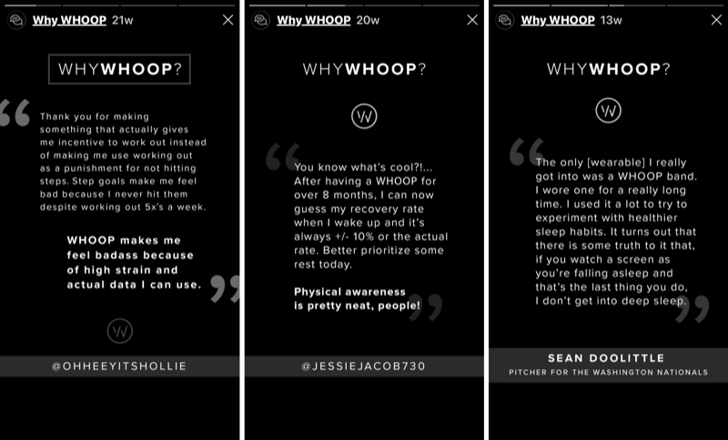 3 Instagram Stories segments with customer testimonials for WHOOP