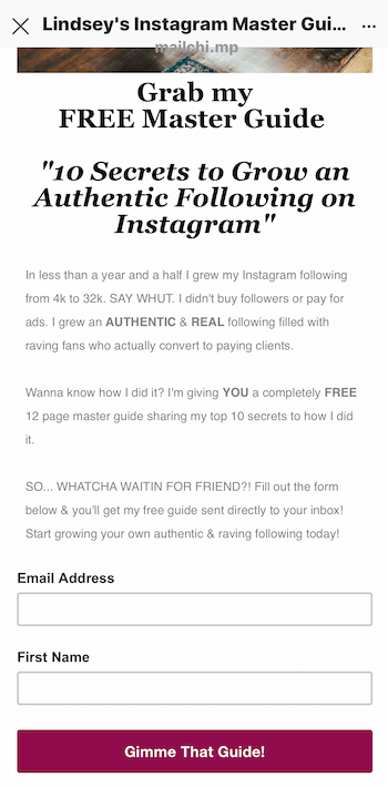 example of landing page for lead magnet promoted in Instagram story