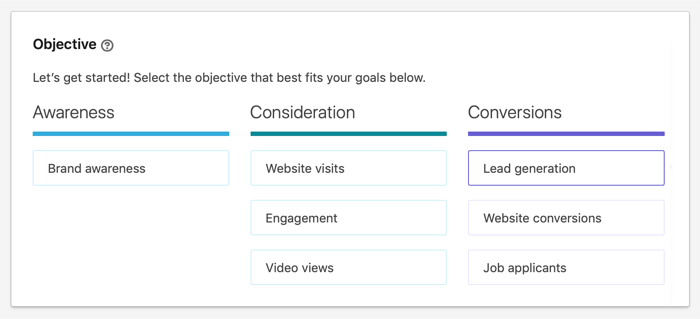 list of LinkedIn ads objectives with Lead Generation selected