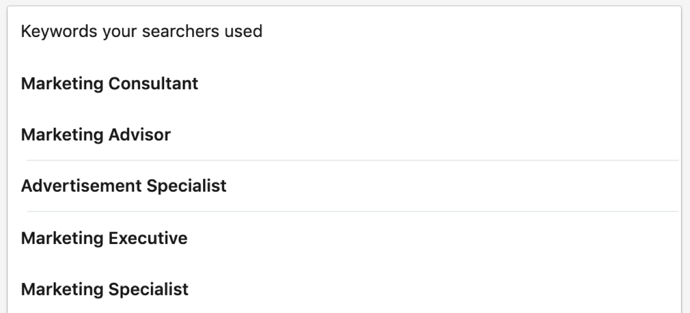 Keywords Your Searchers Used data in Your Dashboard section of LinkedIn personal profile