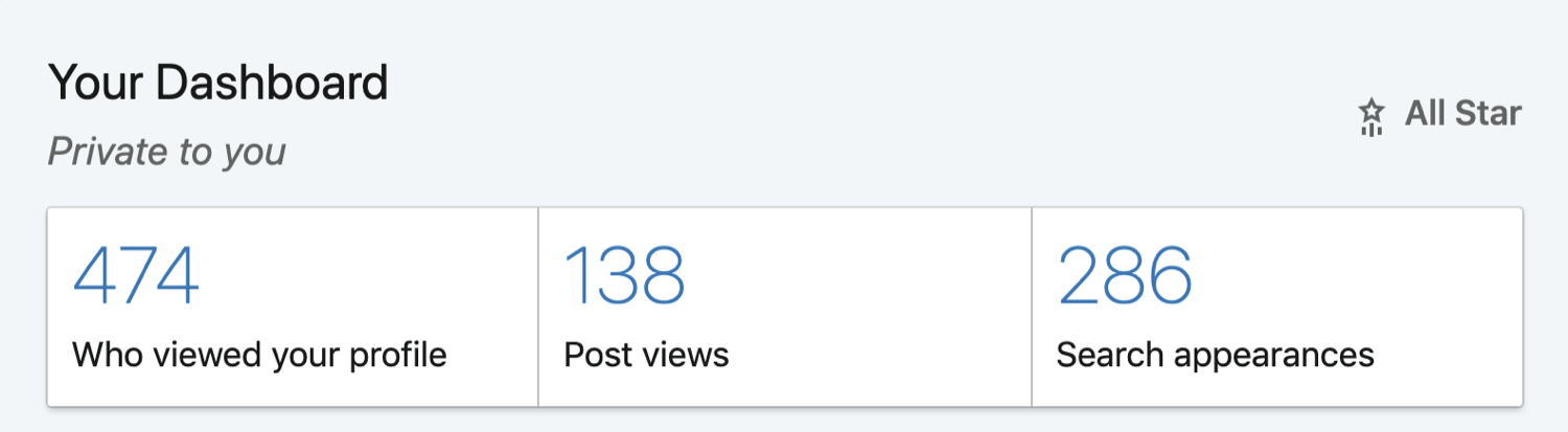 Your Dashboard section on LinkedIn personal profile