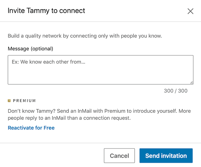 dialog box to personalize LinkedIn connection request