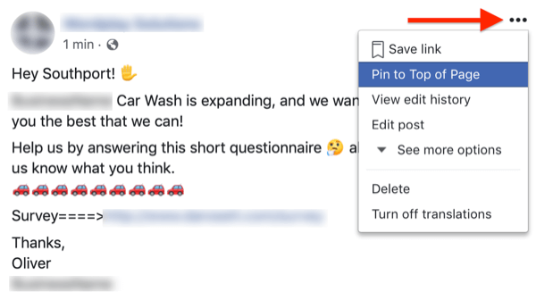 pin post with customer survey to Facebook page