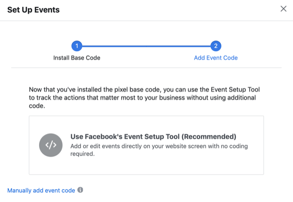 Set Up Events dialog box with option for Use Facebook's Event Setup Tool