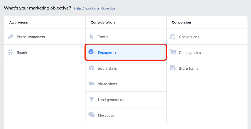 step 1 of how to set up Facebook engagement campaign to promote customer survey