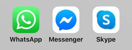 icons for WhatsApp, Facebook Messenger, and Skype