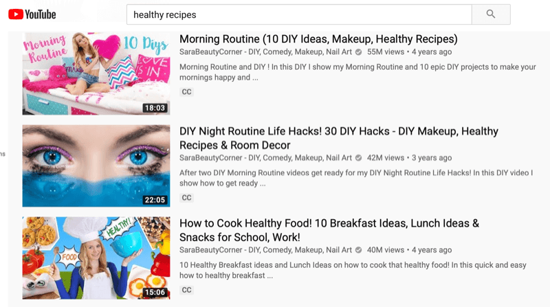 YouTube search results filtered by view count