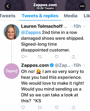 example of customer service exchange on Twitter