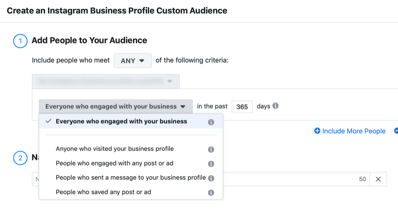 setup window for Instagram business profile engagement custom audience