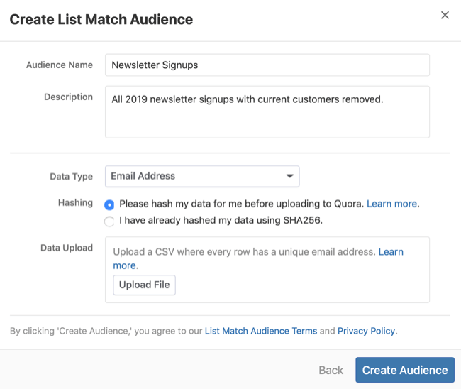 step 3 of how to create Quora list match audience