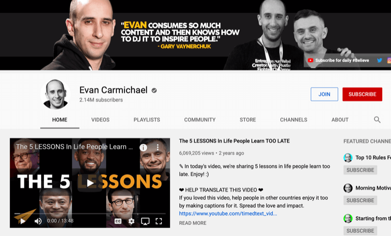 YouTube channel page for Evan Carmichael