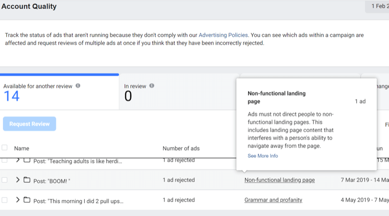 step 3 of how to use the Facebook Account Quality Tool