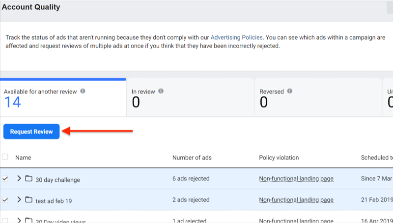 step 4 of how to use the Facebook Account Quality Tool