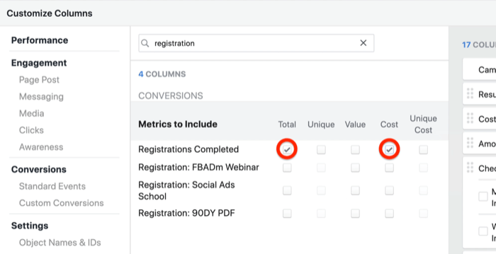 create lead progress custom report in Facebook Ads Manager, step 2