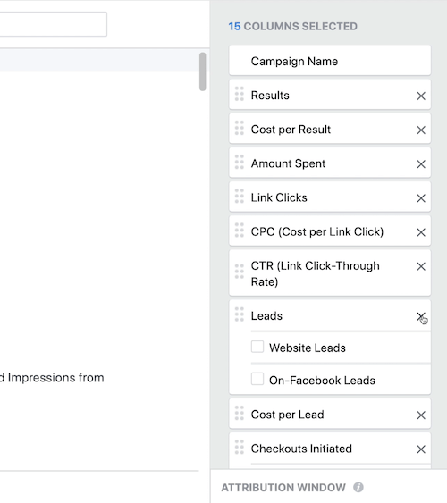 create lead progress custom report in Facebook Ads Manager, step 3