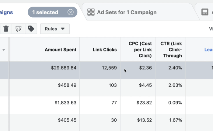 create lead progress custom report in Facebook Ads Manager, step 5