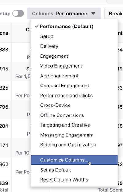 Columns-Performance drop-down menu in Facebook Ads Manager