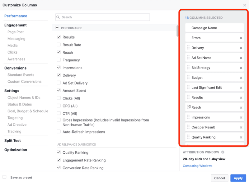 create ROI snapshot custom report in Facebook Ads Manager, step 1