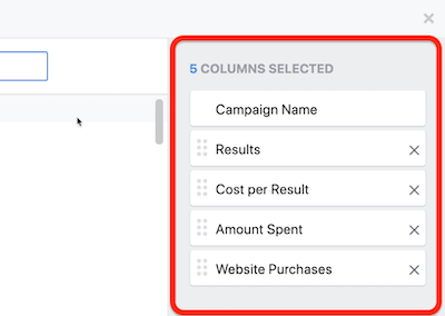 create ROI snapshot custom report in Facebook Ads Manager, step 3