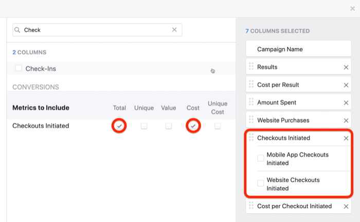 create ROI snapshot custom report in Facebook Ads Manager, step 4