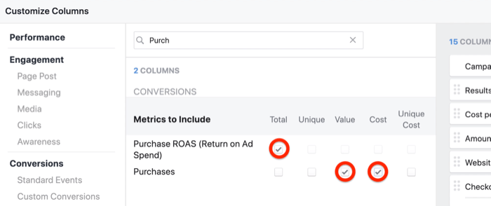 create ROI snapshot custom report in Facebook Ads Manager, step 5