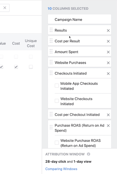 create ROI snapshot custom report in Facebook Ads Manager, step 6