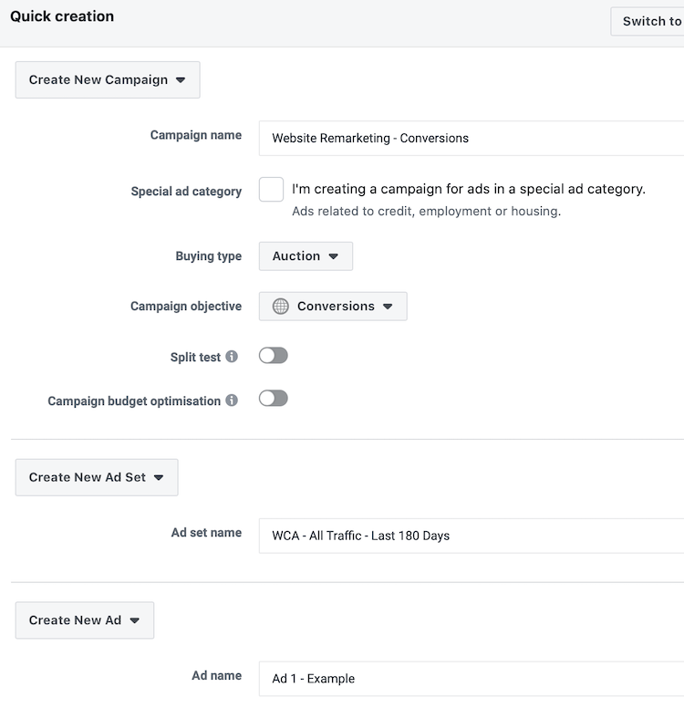 choose campaign settings for Facebook remarketing campaign to retarget hot audiences