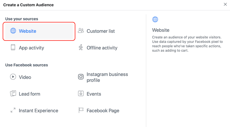 potential sources for creating Facebook custom audience