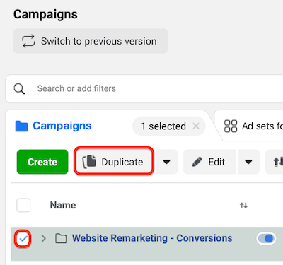 duplicate Facebook remarketing campaign in Ads Manager