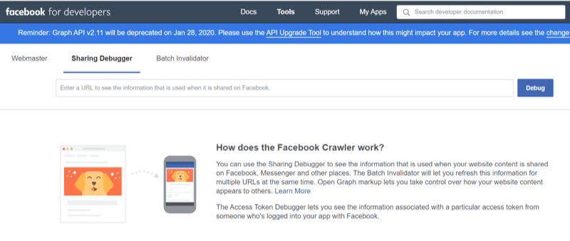 step 1 of how to use the Facebook Sharing Debugger tool