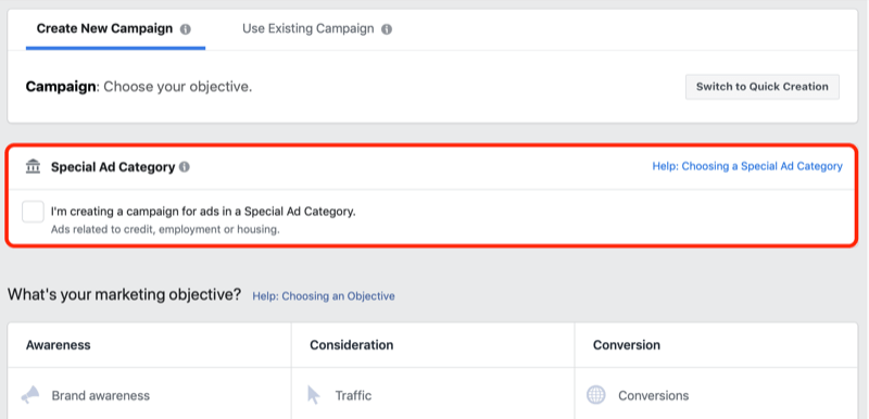 Facebook Special Ad Category check box in Ads Manager