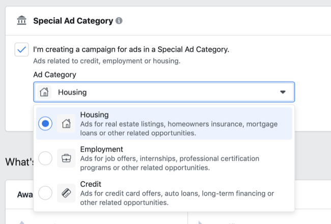 Facebook Special Ad Category options in Ad Category drop-down menu