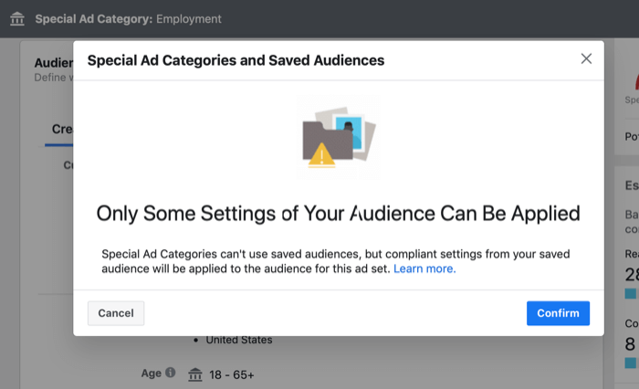 pop-up message about using saved audiences in Special Ad Category ad campaign