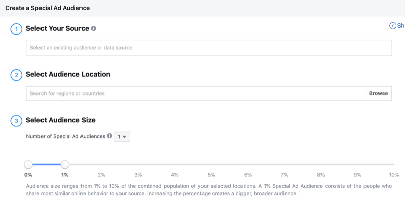 Special Ad Category Audience option in Create New drop-down menu during Facebook campaign setup