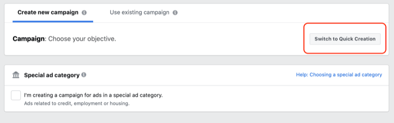 switch to Quick Creation workflow in Facebook Ads Manager