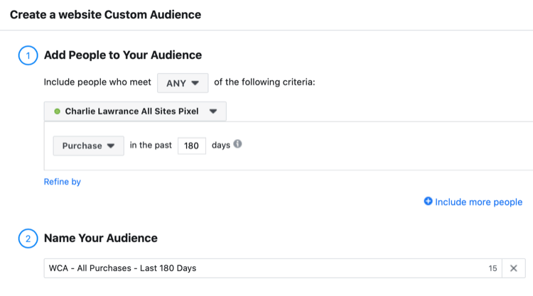 set up Facebook website custom audience of visitors who have purchased in the last 180 days