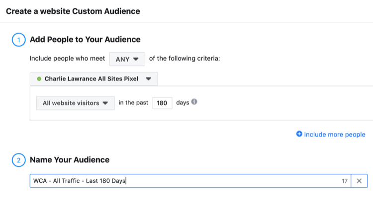 set up Facebook website custom audience of all website visitors in the last 180 days