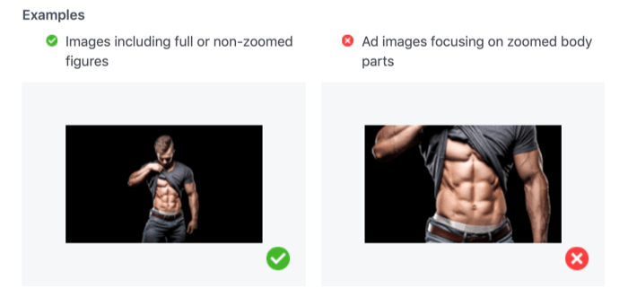 acceptable and unacceptable photos showing zoomed in body parts for Facebook ads