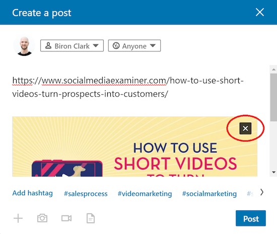 red X button to delete image in LinkedIn post