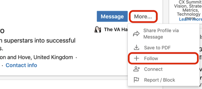More drop-down menu with Follow option selected on LinkedIn profile